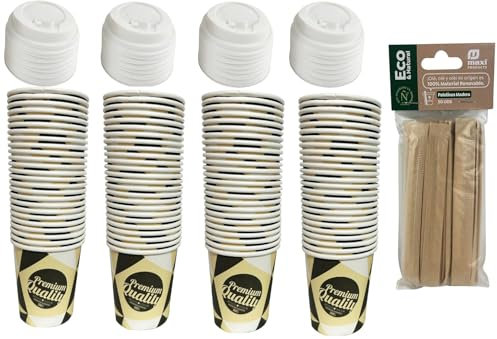 ARBUTUS 48 gobelets à café jetables en carton de 120 ml avec 48 couvercles en plastique, gobelets à emporter et 50 palettes en bois.