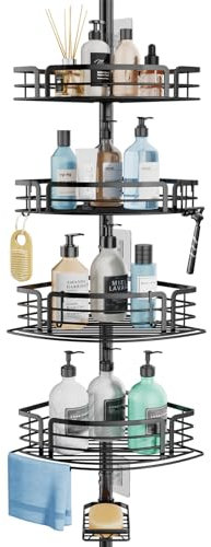 Consumest Corner Shower Caddy Tension Pole - Rustproof Shower Shelves with Towel Bar & Soap Holder, Adjustable Bath Organizer for Bathroom Storage, 27.6-108.3 inch, Black