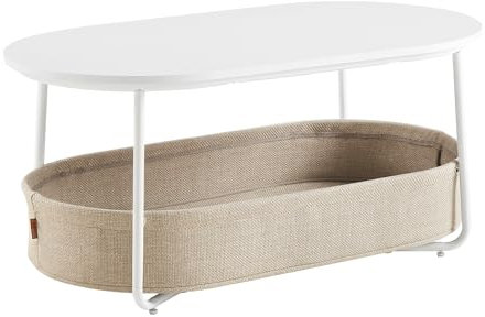 VASAGLE Couchtisch oval, Tisch mit Stauraum, Beistelltisch, Wohnzimmertisch mit Korb aus Stoff, modern, Metallrahmen, mattweiß-Kamelbraun LCT222W10