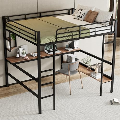 KecDuey Estructura de cama de 140 x 200 cm, cama de hierro, cama de metal con escritorio, cama alta con cuatro estantes pequeños y una gran estantería para niños, adolescentes y adultos, color negro