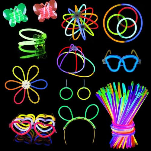 Tchsrim 223 Stück Knicklichter Party Set,100 Verbinder,Ohrringe,Kugelgelenk,Schmetterlingszubehör,Totenkopfbrille,Liebesbrille,Party Deko & Festival Zubehör