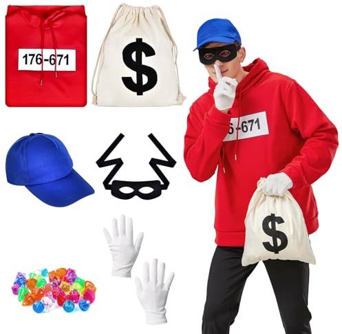 Joellfuner panzerknacker kostüm herren, Panzerknacker Banditen Bande Kostüm, Panzerknacker Fan Kostüm Outfit mit Maske und Kordelzugbeutel, Panzerknacker Banditen Kostüm für Karneval (671, XL)