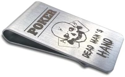 Geldklammer, Geldclip, elegant und edel aus gebürstetem Edelstahl. viele Verschiedene gravierte Motive (Poker - Dead Man´s Hand)
