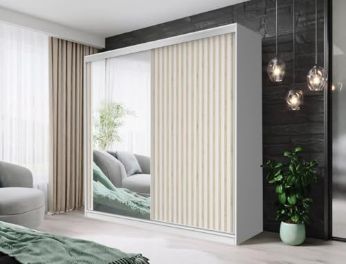 FHI_kingston Modern Mirrored Sliding Wardrobe with Shelves, Hanging Rails Bedroom Furniture available in White, Black Grey, Oak | Sizes: 150, 180, 203, 250cm (White, 150)
