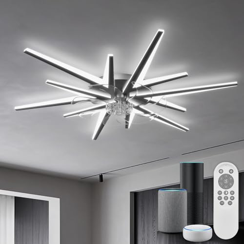 YUNLONG Ventilateur de Plafond Moderne 92cm avec Lumière LED Dimmable et Télécommande | Connecté Alexa (Bluetooth, sans WiFi), Moteur Ultra-Silencieux pour Chambre et Salon, Noir