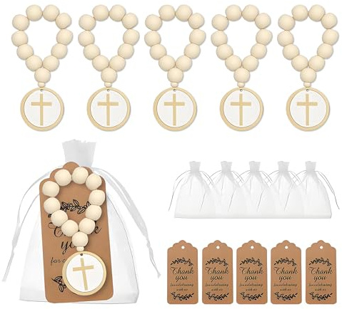 CHENNAN 6 pezzi Croce di legno Rosario cattolico con borsa di filo Regali, Mini Rosari Classici e Sacchetti in Rete Perline in Legno Lunghe per donne, uomini, battesimo, prima comunione, cresima (A)