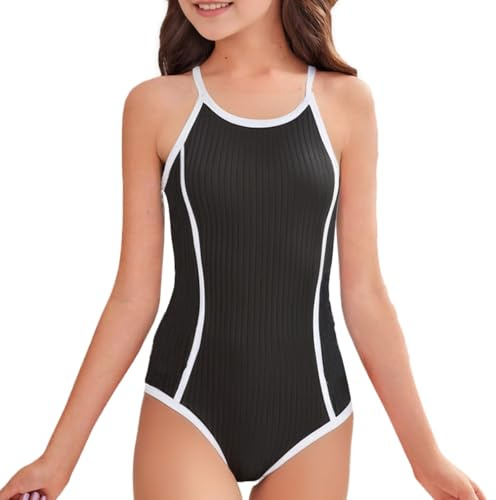 Momkonzz Girls Swimming Costume Kids One Piece Swimsuit Young Girls Black Bathing Suit Children's Sport Swimwear 12-13 Years