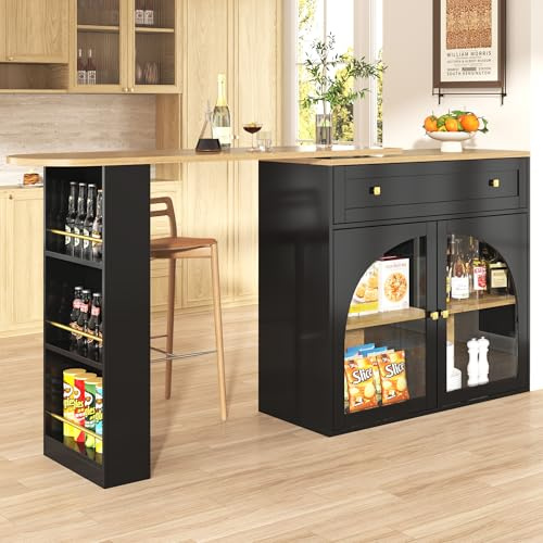 SACOOL 138-204×39×104cm,Ausziehbarer Bartisch mit Stauraum, 360° drehbare Essbar,Moderner Beweglicher Bar Table,Hochtisch Kücheninsel Bistro Table, Sideboardschrank mit Regalen und Glas,Schwarz