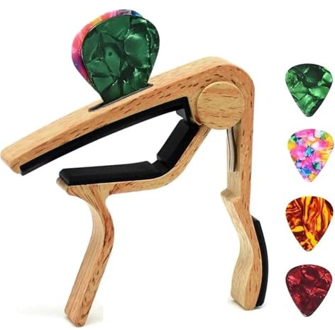 Kapodaster för gitarr gitarr-capodaster justeringsklämma, utmärkt metallplektrumhållare för akustiska elgitarrer, basukuleler med 4 plektrum (gul)