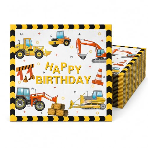 Bolosa 24 Pcs Construction Birthday Party Napkins, Digger Party Napkins & Construction Paper Napkins with Vehicles, Construction Party Serviettes for Kids Birthday Party Supplies, Digger Party