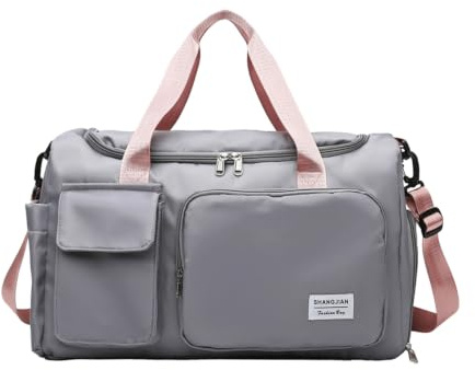 Mouhuo Womens Mens Sports Gym Bag Duffle Bag with Shoes Compartment, Weekend Travel Bag Overnight Bag for Women, Water Resistant Holdall Hospital Bag for Swimming,Grey and Pink