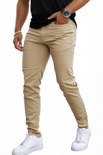 GINGTTO Skinny Jeans Men Slim Fit Stretch Khaki Jeans Cotton Elastic Waist 32