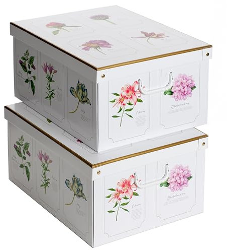Lavatelli Collection Botanic – 2 Pack Decorative Cardboard Storage Boxes with Lids & Handles – Toy & Clothes Storage Organisers for Home, Bedroom & Archive – 50×39×24 cm (19.7×15.4×9.4 in)