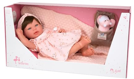 ARIAS - Muñeca Reborn Esther de 45 cm con Manta y Peluche, Bebé Realista con Ropita Rosa, Chupete y Chupetero, Extremidades de Vinyl y Cuerpo Blando, Juguete para Niños y Niñas +3 años (ARI98083)