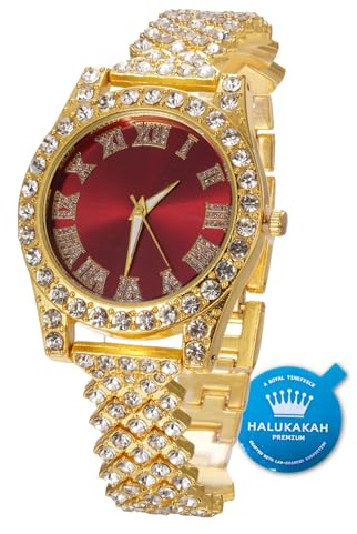 HALUKAKAH Orologio d'oro con Diamanti,Donna Placcato Oro 18 Carati Plated 36MM Larghezza Rosso Quadrante Quartz 20cm,Confezione Regalo Gratuita
