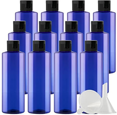 ZEOABSY 12 Pièces 200 ML Bleu Bouteille en Plastique avec Bouchon à Charnière Noir, Épaule Plate Vider Bouteille Ronde en PET de Voyage pour Cosmétiques Liquides
