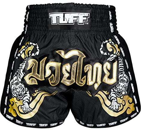 Tuff Sport Retro Muay Thai-Shorts, Box-Shorts, klassisch, schmaler Schnitt, MMA, Kickboxen, Workout-Set, Kleidung, Training (XXL, TUF-MSC120-BLK)