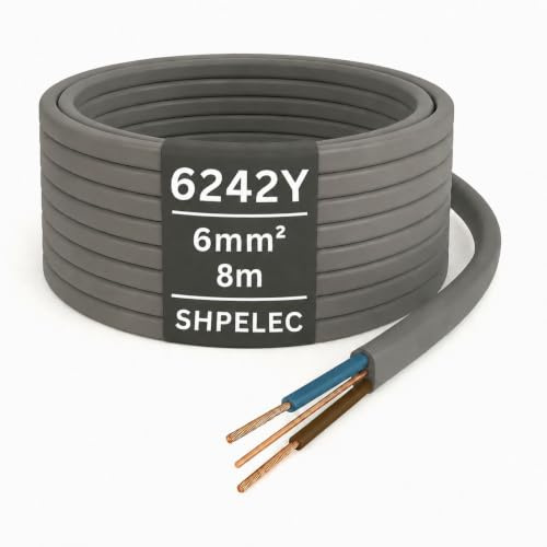 SHPELEC® 6242Y Twin and Earth Cable 6mm – 8m | 6242YH BASEC Approved Grey T&E | Cooker & Shower Circuit Wire, Stranded Copper (8 Metres, 6mm²)