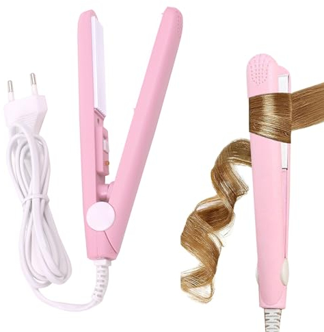 Piastra per capelli 2 in 1,Mini Raddrizzatore Portatile per Capelli, Piastra Calda Elettrica in Ceramica,per Casa o Salone,Rosa
