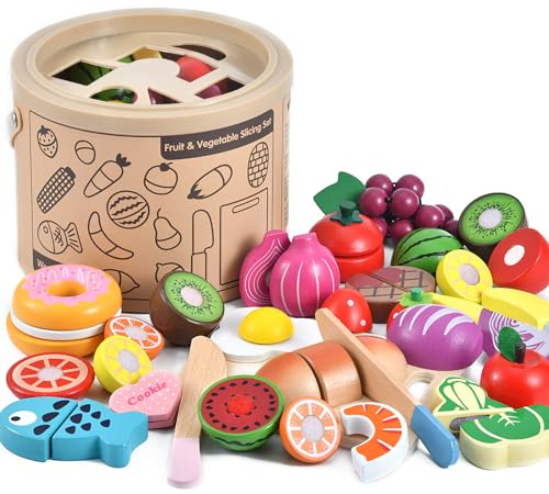 WHOHOLL 43 Pcs Wooden Play Food for Kids Play Kitchen Accessories Playset with Basket, Pretend Cutting Food Toys for 3 4 5 6 Year Old, Vegetables Fruits Toys Christmas Birthday Gifts for Girls Boys