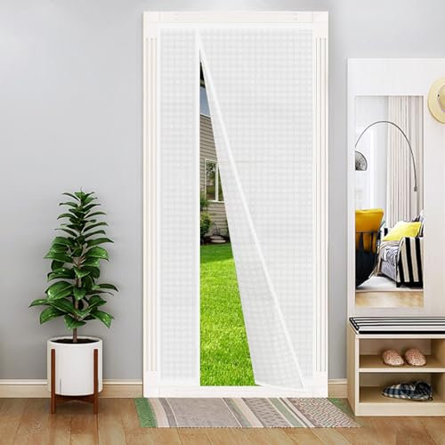 Reversible Left or Right Side Opening Insulated Door Curtain, Keep Cold Out Thermal Magnetic Door Screen Cover Auto Closer for Kitchen, Bedroom, Air Conditioner Room, Fits Doors up to 36 x 82,White