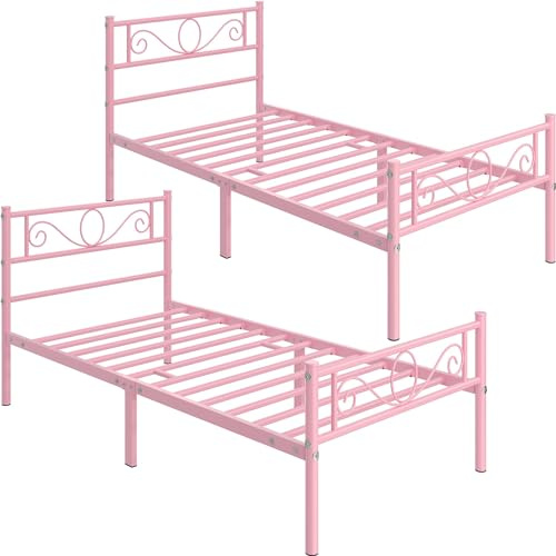 Yaheetech Juego de 2 estructuras de Cama Individual de Hierro Forjado con Listones de Metal, Estilo Moderno, cabecero Elegante, Rosa 90 x 200 cm