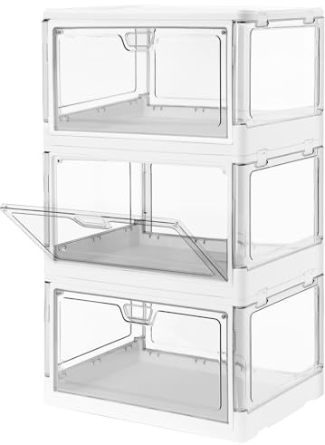 HYBRIDEAS 3-Pack Clear Stackable Storage Bins with Lids Magnetic Doors Open Front Foldable Folding Plastic Craft Containers Large Closet Organizers Box for Bedrooms Living Rooms Study Kids' Toys 24 QT