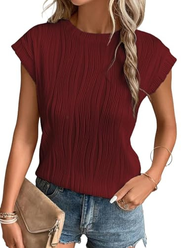 Gemulate Womens Tops Trendy Dressy Casual Short Sleeve Blouses Casual Round Neck tee Shirts for Women Ladies Knit Solid Summer Tunic Tops Wine M