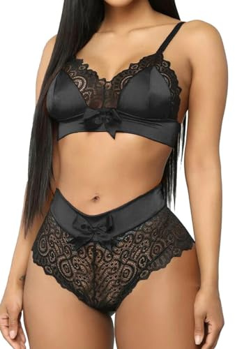 MIZSPISE Ensemble De Lingerie Sexy pour Femme en Dentelle sous-Vêtements en Satin Tenue pour Femme Bretelles Taille Haute Vêtements De Nuit Deux Pièces Déshabill (Noir, S)