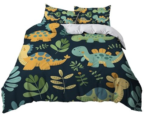 Set di biancheria da letto multi set di biancheria da letto con motivo dinosauro in stile cartone animato, morbido e facile da pulire, con chiusura a cerniera, leggero, per letto singolo e 2 federe
