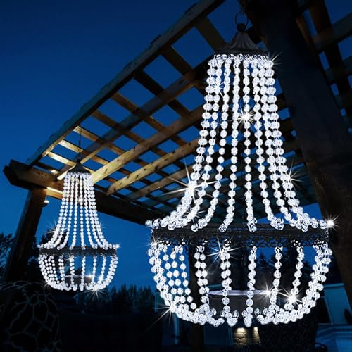 Hanging Solar Lantern Outdoor, 28” Modern Clear Crystal Acrylic Chandelier with 30 Cool White Lights S Hook for Garden, Yard, Patio, Gazebo Decorations