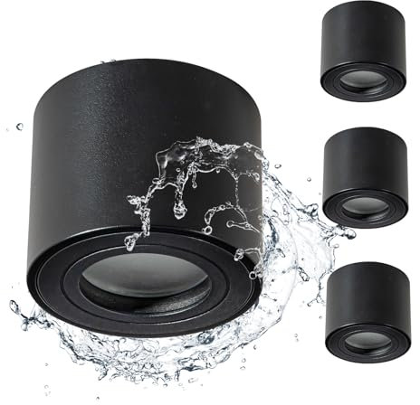 Gleonlux LED Aufbauspot Deckenspot IP44 flach 4er, Aufbauspot matt Schwarz, Aufbaustrahler für LED Module 230V, Spots Deckenleuchte Rund, Deckenlampe Aluminium Ø80x65mm, Glühbirne nicht inklusive