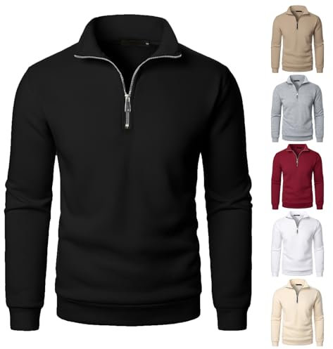 CSHE Pullover Herren Half Zip Sweatshirt Ohne Kapuze Oversize Sport Sweater Langarm Warm Winterpullover Pulli Lässig Einfarbig Sweatshirts mit Stehkragen und Leiste