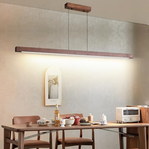 Mikeru LED-pendellampor matbord valnöt linjär hängande lampa dimbar med fjärrkontroll, 10–100 % pendellampa, inställning av färgtemperaturen, för kök matsal matsal (valnöt, 100 cm)