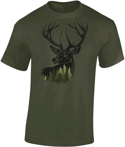 Baddery Jäger T-Shirt Herren - „Forest Deer“ - Jagd Shirt für Männer mit Hirsch-Motiv (Army M)