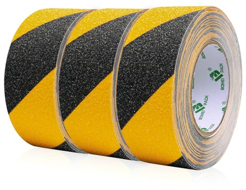 BOMEI PACK 3 Rolls Yellow and Black Anti Slip Tape 50mm x 10m High Traction Strong Grip Safety Stair Treads Self Adhesive Non-slip Warning Tape