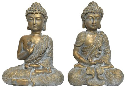 Buddha-figur 15 x 21 x 31 cm konstgjord sten 1 styck sorterad – buddhism dekorativ figur – buddhafigur dekoration – trädgårdsfigur, trädgårdsdekoration – guld
