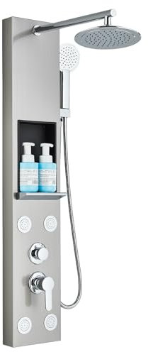 Saeuwtowy Panneau de douche système de tour monté au mur style simple acier inoxydable, robinet de salle de bain 3 fonctions tête de douche type cascade de pluie et système de massage nickel brossé