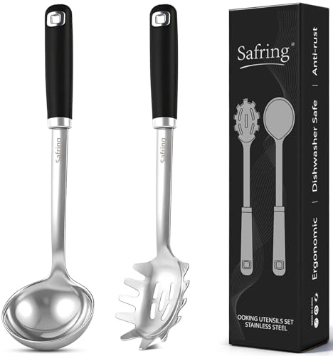 Safring Stainless Steel Soup Ladle and Spaghetti Spoon Set, Heat Resistant Rubber Handle, Dishwasher Safe, Kitchen Utensils for Cooking, Stirring, Serving Pasta, Soup & Sauce