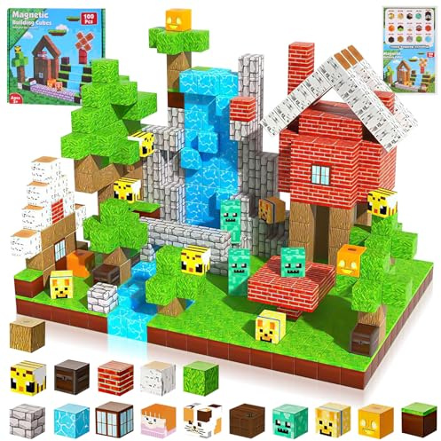 Heqishun Bloques Magneticos Construccion Niños de 100 Piezas, Piezas Magneticas Niños-Serie Bosque, Construcciones Magneticas, Juguetes Montessori para de 3 a 10 Años