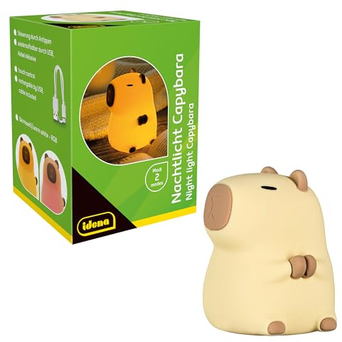 Idena 40386 - Luce notturna a LED Capibara, lampada in silicone con cambio colore e dimmer, alta circa 11 cm, ricaricabile, cavo di ricarica USB incluso