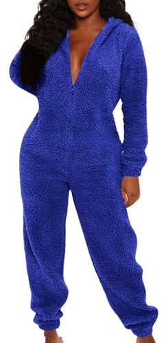 Fuzzy Jumpsuit for Women Fleece Onesies Pajamas Warm Sherpa Romper Sleepwear One Piece Zip Hooded Playsuit Loungewear Blue 2XL