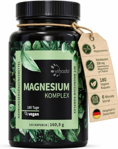 Vihado Magnesium Komplex, 180 Kapseln, 5-in-1 Matrix, 668,7 mg Tagesdosis | 6 Monate Vorrat, vegan, laborgeprüft, hochdosiert