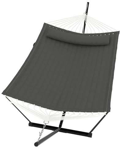 NELLCREEK Hamac Double avec Support autoportant, 365x132x110cm | Matelassé, oreiller amovible, corde réglable, charge 204kg, patio/jardin/piscine, gris foncé