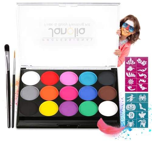 Janolia Gesichtsfarbe, Body Painting Kinderschminke Set mit 15 Farben, Halloween Gesichtsbemalung Professionelle Palette mit Bürste, Waschbar, Perfekt Körperbemalung für Halloween Ostern Themenpartys