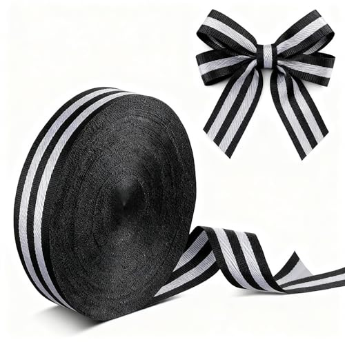 Black and White 50 Yards Striped Grosgrain Ribbon, Double Sided Fabric Ribbon Candy Cane Craft Wrapping Ribbons Roll for Gift Wrapping, Hair Bows, Home Decor, DIY Crafts. Party Decoration (3/4 Inch)