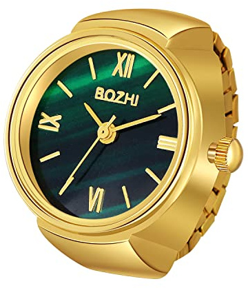 JewelryWe Men Women Finger Watches Set Gold/Silver Plated Elastic Watch Rings Green Dial Quartz Ring Watches