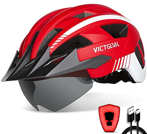 VICTGOAL Casco Bici Casco MTB Uomo con Luce LED, Occhiali Protettivi Magnetici, Visiera Traspirante, Casco da Mountain Bike per Unisex Caschi da Bicicletta Regolabili (M: 54-58cm, Rosso)