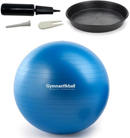 ATC Handels GmbH Gymnastikball Set Ø 45, 55, 65 & 75cm inkl. Stopperschale, Ballpumpe, Ventilöffner und Maßband - Fitness, Therapie und als Sitzball fürs Büro, 55cm, blau