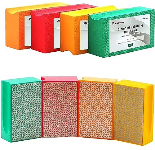 MORESUPERHARD Diamond Hand Polishing Pads Sanding Block 4 Pcs for Sanding Tile Glass Stone Concrete Granite Marble,Dry/Wet Sanding Pads 60#,120#,200#,400# Grit